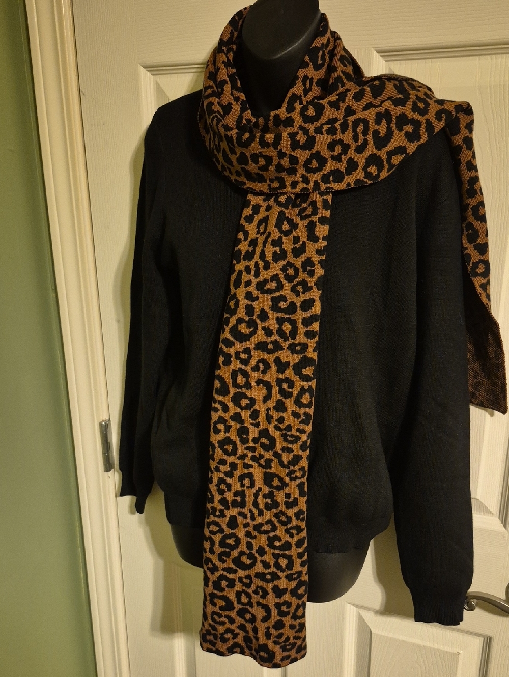 Leopard Print Knit Scarf in Brown and Black Connected . T o Black Sweater